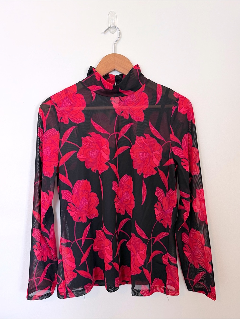 Tahari Sheer Floral Mesh Mock Neck Top L Black Pink Red Layering Stretch Y2K
